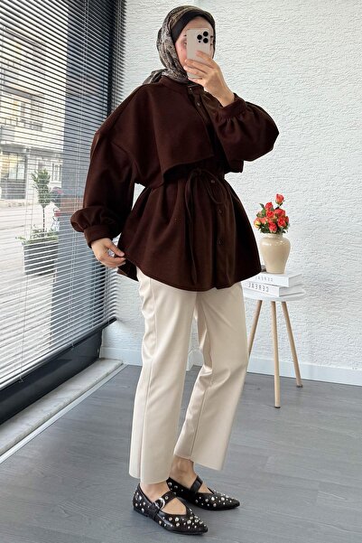 MELEK ARAZ Cape Detailed Front Buttoned Cashmere Shirt – Brown