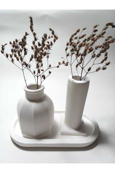 emilysamy Decorative Double Vase Set with Plate White