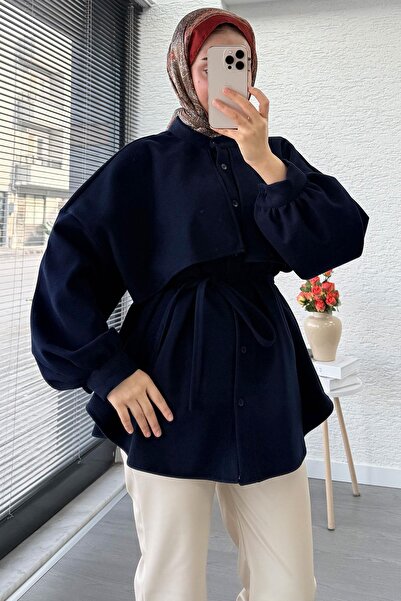 MELEK ARAZ Cape Detailed Front Buttoned Cashmere Shirt – Navy Blue