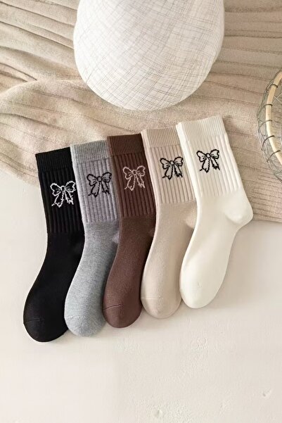 Hitit Socks Women's 5 Pairs Premium Quality Ribbon Patterned College Socks Suitable for Daily Use