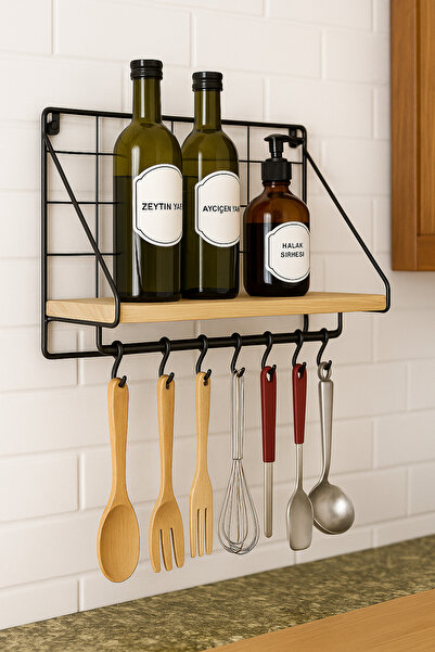 PooleMark Metal Duvar Rafı – Modern Dekoratif Askı ve Kancalı Duvar Rafı (Mutfak & Banyo Kullanımı)