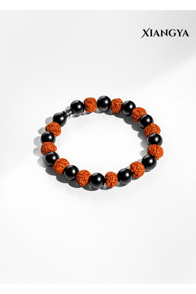 XIANGYA Rudraksha and Ebony Beaded Bracelet with Silver Accents