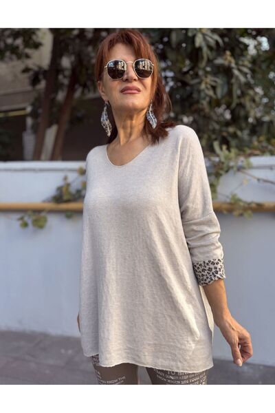 DenizEge Italian Knitwear V-Neck Inside Leopard Pattern Stone Color