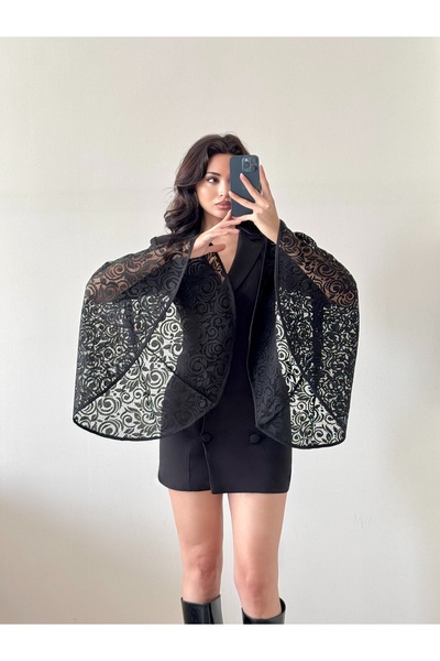 LOCH BUTİK Women's Black Lace Detailed Jacket Dress