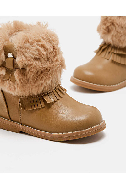 REDTAG Infant Girls Tan Fur Embellished Ankle Boot