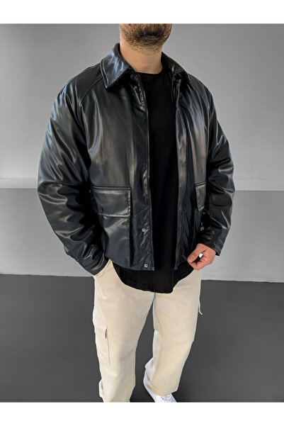 NO1 KONSEPT Μαύρο Premium δερμάτινο παλτό Bomber με λεπτομέρεια τσέπης