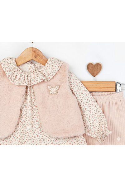 Baby Rose Baby Girl 3-Piece Plush Vest Set Sets Floral Blouse Corded Fabric Pants Set