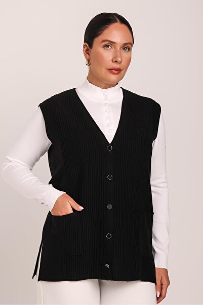 Uludağ Triko Women's Black Line Detailed Pocketed and Buttoned Steel Knitted Sweater Mother Vest
