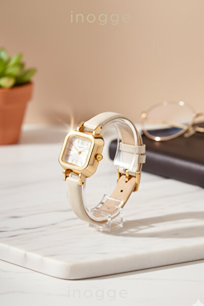 İnogge Krem Kordonlu Kare Kasalı Minimal Kadın Deri Kordonlu Kol Saati