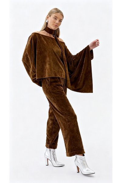 Matcha Butik Women's Chenille Velvet Flowy Blouse with Scarf Detail - Tan Color