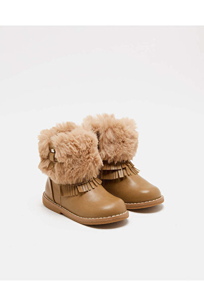 REDTAG Infant Girls Tan Fur Embellished Ankle Boot