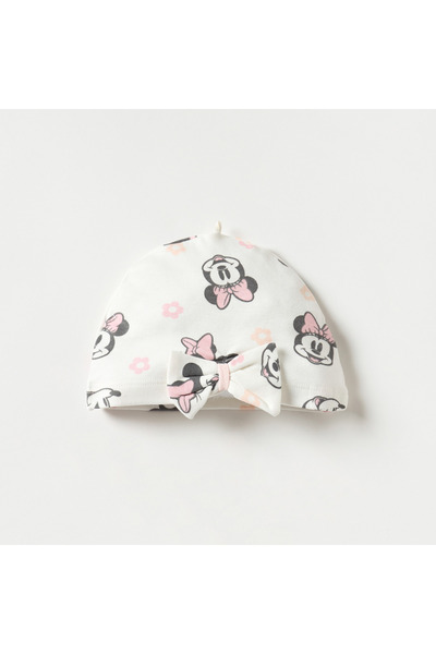 Disney Minnie Mouse Print Beanie Cap with Bow Detail