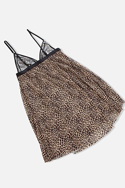 Wonna Black Heart Stone Detailed Capless Nightgown - 2732 - Leopard