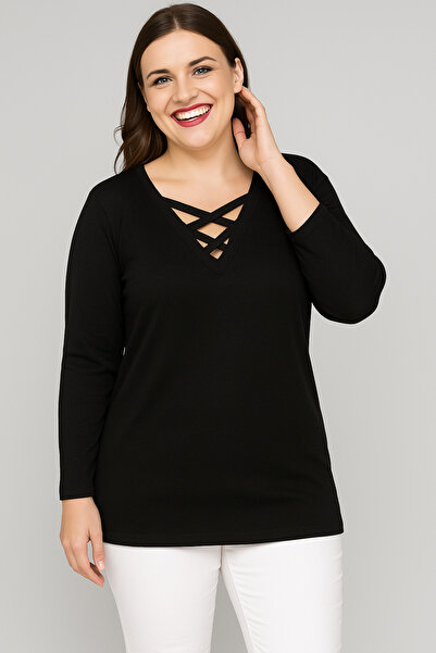Curvy Trend Plus Size V-Neck Cross Strap Long Sleeve Blouse