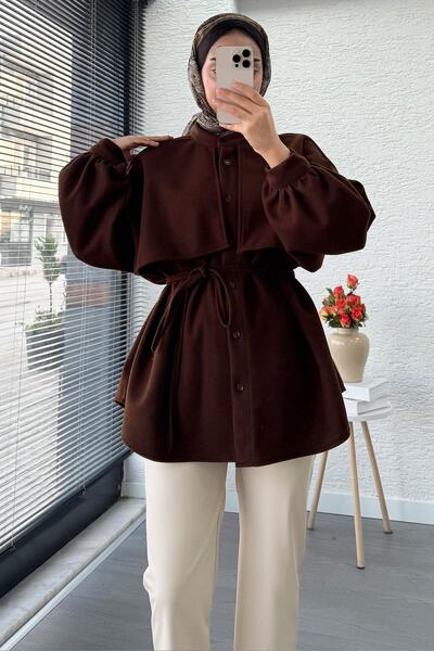 MELEK ARAZ Cape Detailed Front Buttoned Cashmere Shirt – Brown