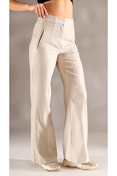 shE tekstil Italian Style Leather g Paneled Wide Leg Trousers Beige