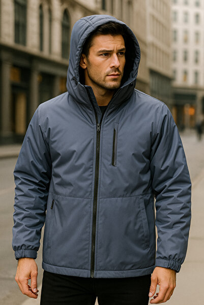 REMSA Men's Hooded Pocket Detailed Fleece Lined Winter Coat 2571 Smoked