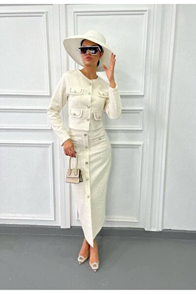 Siseniorita 2 Piece Crop Jacket and Tweed Midi Skirt Set - Pearl and Button Details