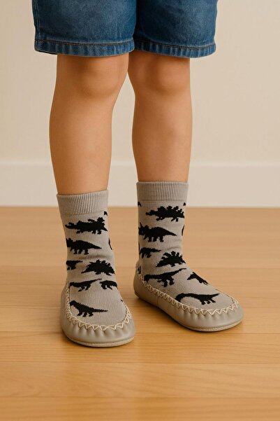 Katia&Bony Children's Moccasin Socks Booties Slippers – Non-Slip Home & Kindergarten Shoes Gray