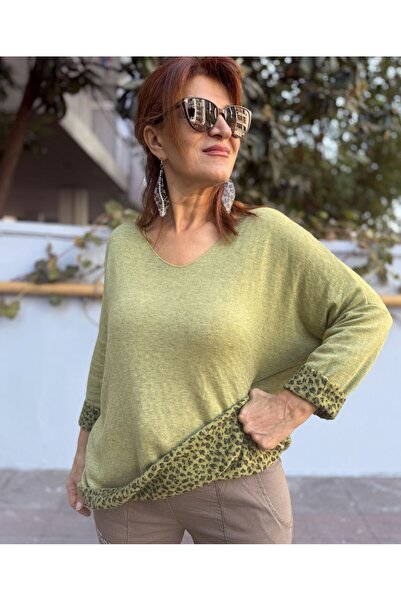 DenizEge Italian Knitwear V-Neck Leopard Pattern Inside Pistachio Green