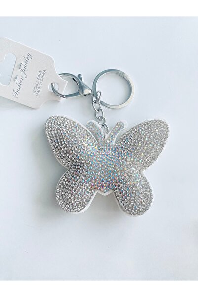 Ustaeller Keychain and Bag Accessory Decorated with Butterfly Figure and White Reflective Stones on the Surface