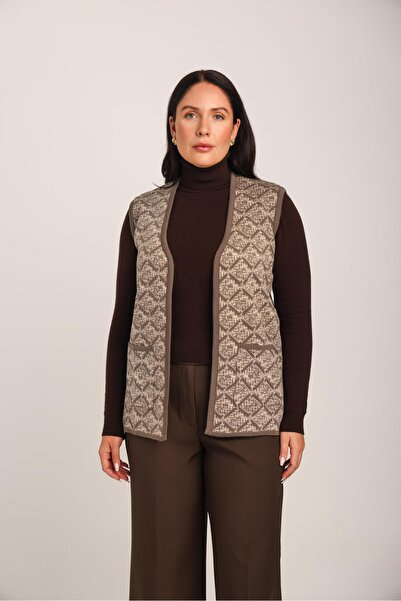 Uludağ Triko Women's Milk Coffee Baklava Patterned Pocketed Knitwear Mother Vest