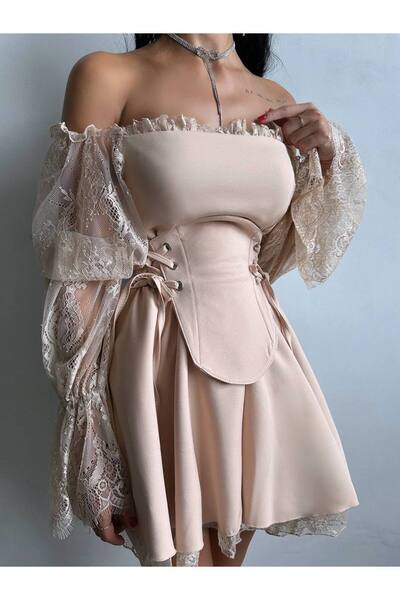 Elia Swimwear Demetra Beige Lace Sleeve Corset Mini Dress