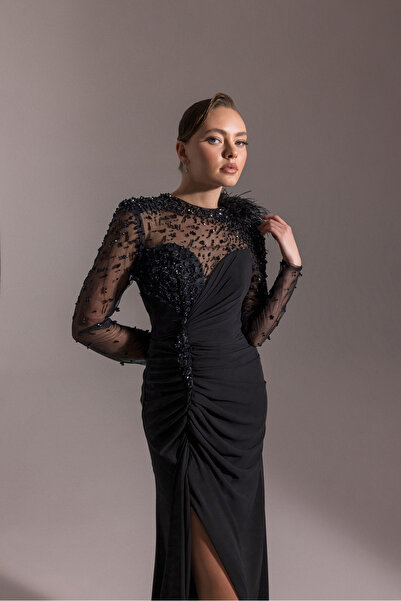 Kenzel Kolları İşlemeli Otrişli Abiye Elbise