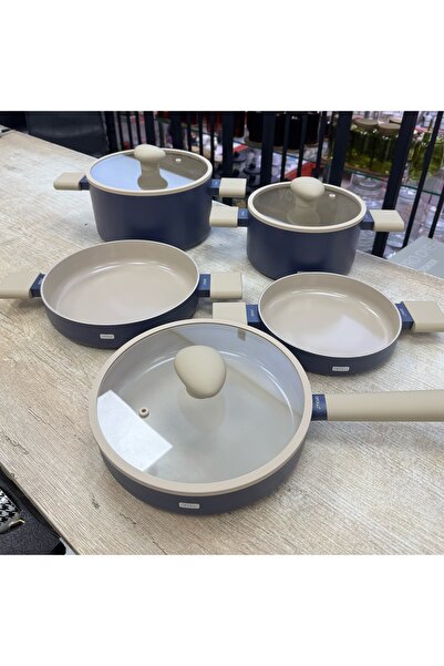 DGCHOME طقم أواني طهي بروشيف مكون من 8 قطع بطلاء كريستالي باللون الأزرق الداكن