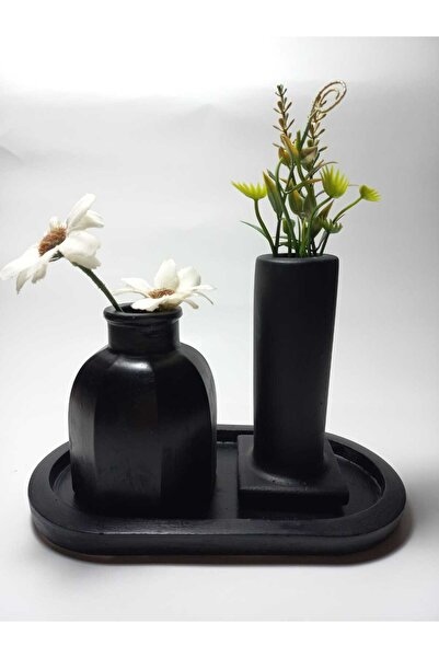 emilysamy Decorative Double Vase Set with Plate Black