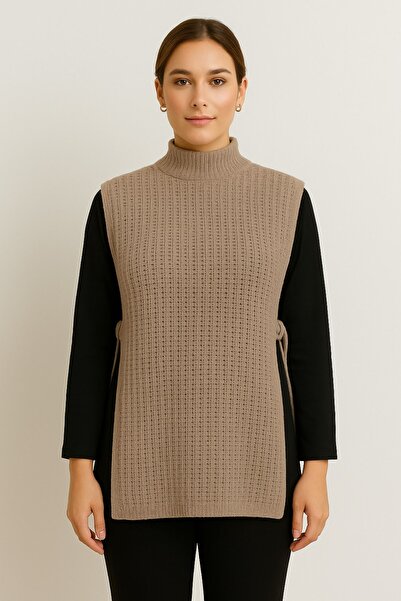 Seamoda Turtleneck Basic Plain Side Slit Crochet Knitwear Sweater-Mink