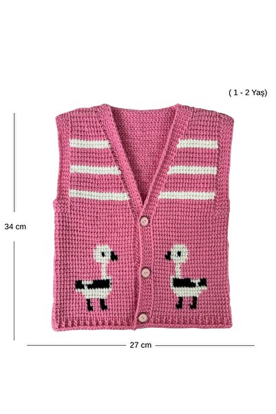 Uretti - Çiğdem 1390 3561 Hand-Knitted Duck Patterned Vest / 1 - 2 Years Old