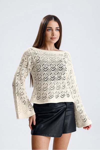 VARENZEA Women's Lace-Like Knit Transitional Flywheel/Spanish Sleeve Patterned Cotton Knitwear Sweater