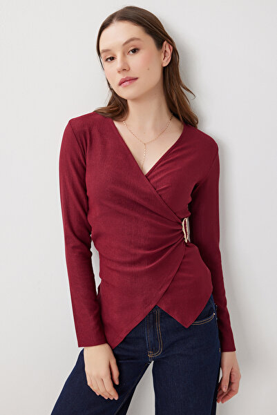 Lovelyİstanbul Double-Breasted Yaka Gold Accessory Knitted Blouse Lfw0015 Bordo