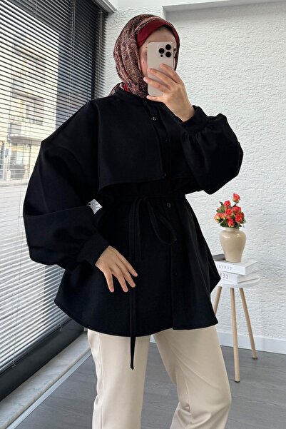 MELEK ARAZ Cape Detailed Front Buttoned Cashmere Shirt – Black