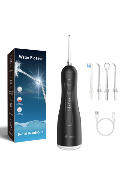 Vimeso Portable Oral Irrigator, 1600 rpm, 4 Programs, 300ml Reservoir, 4 Nozzles Included, Black