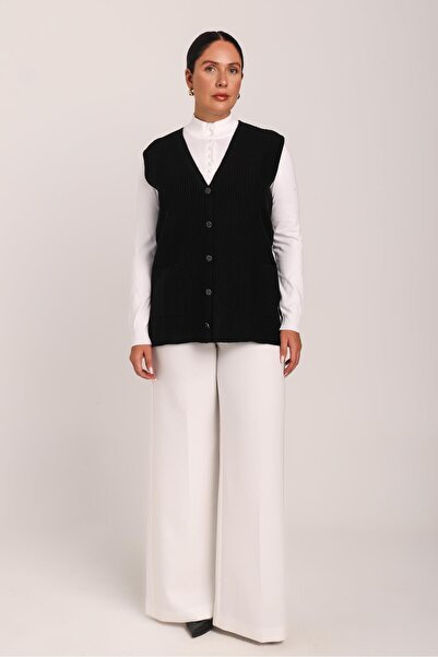Uludağ Triko Women's Black Line Detailed Pocketed and Buttoned Steel Knitted Sweater Mother Vest