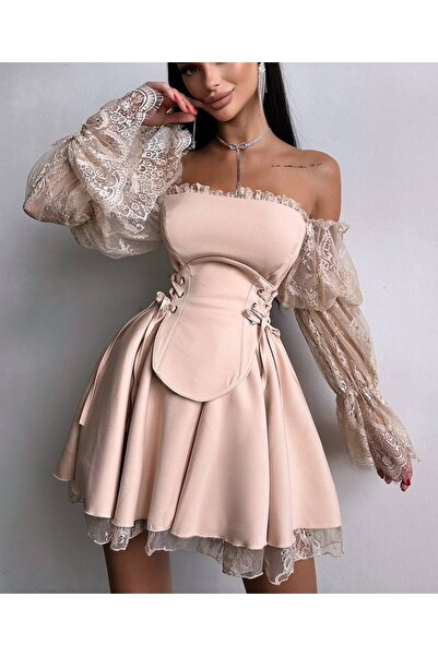 Elia Swimwear Demetra Beige Lace Sleeve Corset Mini Dress