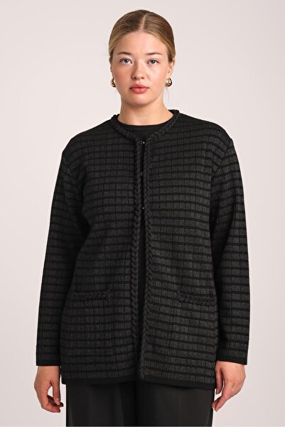 Uludağ Triko Women's Black Hair Braid Detailed Checkered Pocketed Knitwear Ca...