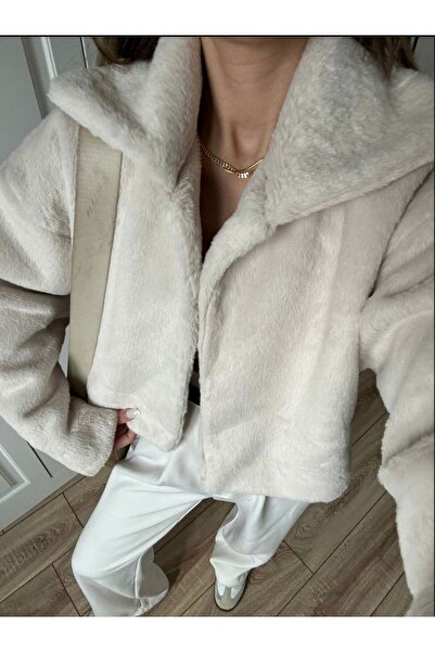 FMN Moda Ball Cut Premium Design Fur Plush Soft Lining Equivalent Big Lapel Jacket Coat Overcoat