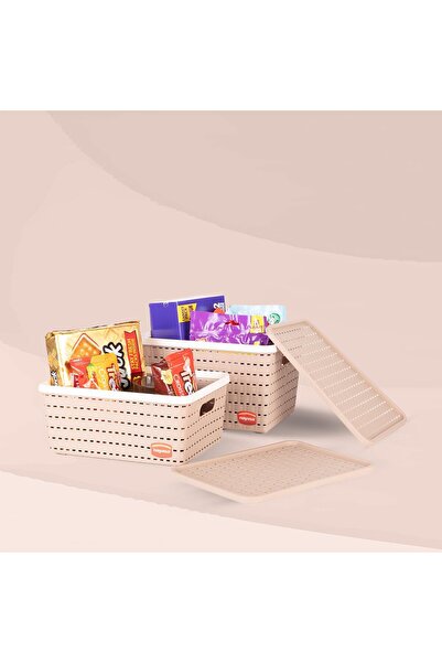 Nayasa Gloria 2 Pcs Set Basket | Medium + Big | Plastic Basket With Lid | Beige