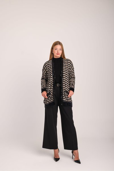 Uludağ Triko Women's Black Sand Sequin Detailed Patterned Pocketed Knitwear Cardigan