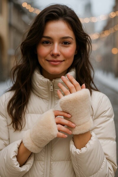 REMSA Women's Cut-Out Plush Gloves Eld-33 Beige