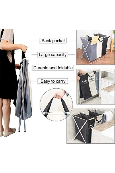 Generic Foldable Laundry Basket 65.5×39.5×60 cm, 3-Compartment Waterproof Oxford Fabric, Aluminum Frame