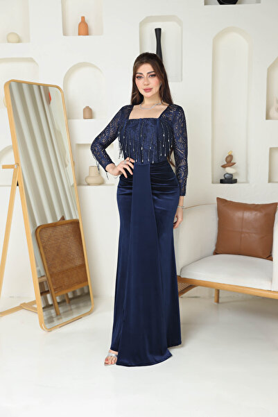 Nice Model Navy Velvet Evening Dress Lace Sleeves Beaded Formal Gown Square N...