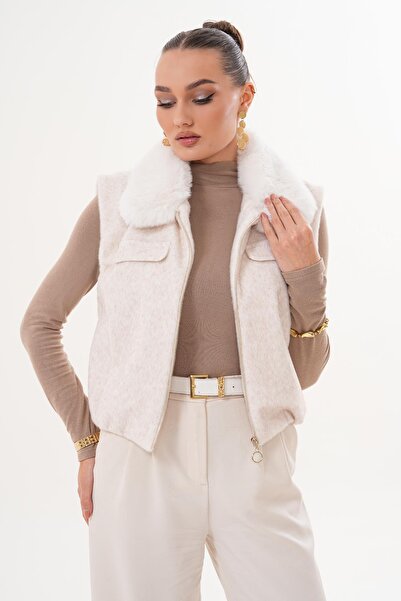 ŞİMAL Women's Furry Collar Zippered Plush Vest 255402 -
