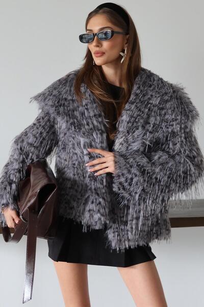 Olcay Handkerchief Collar Fringed Leopard Pattern Faux Fur Coat Gray 1017