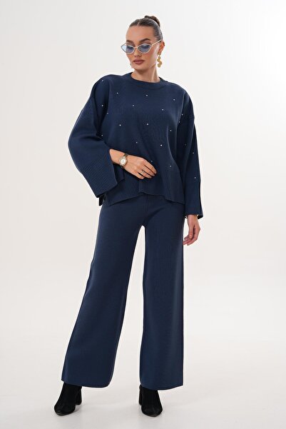 ŞİMAL Women's Stoned Wide Leg Pants Knitwear Knitted Set 255052 -