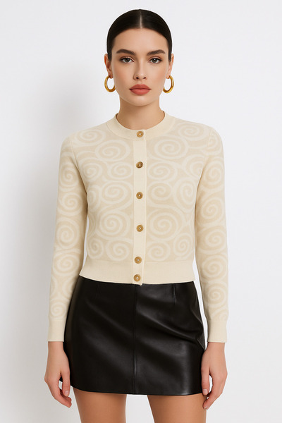 Okçu Triko ÇİÇEK DESENLİ BEBE YAKA DÜĞMELİ TRİKO CEKET-26K74123-BEJ-04