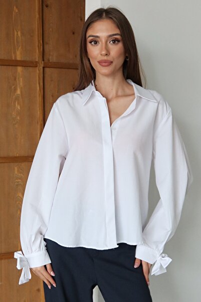 VAGGON Women's White Ribbon Detailed Oversized Shirt Vs01481